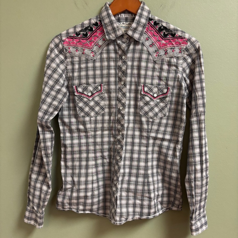 Panhandle Rough Stock Women Shirt Sz S Pearl Snap Embroider  Texas Cowgirl Rodeo